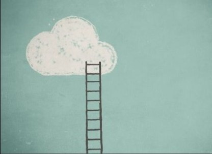 A drawing of a tall ladder reaching to a cloud