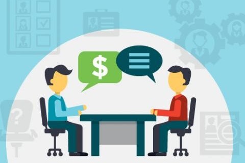Two people talking about money