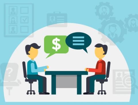 Two people talking about money